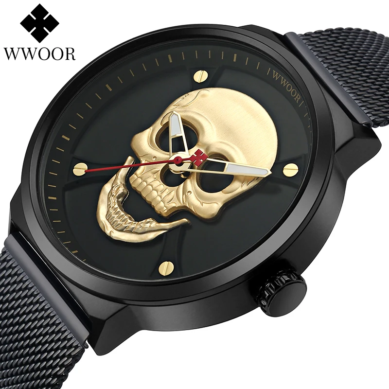 WWOOR Gold Skeleton Watch For Men Skeleton Automatic Quartz Watch Men Watch Top Brand Luxury Stainless Steel Clock Reloj Hombre