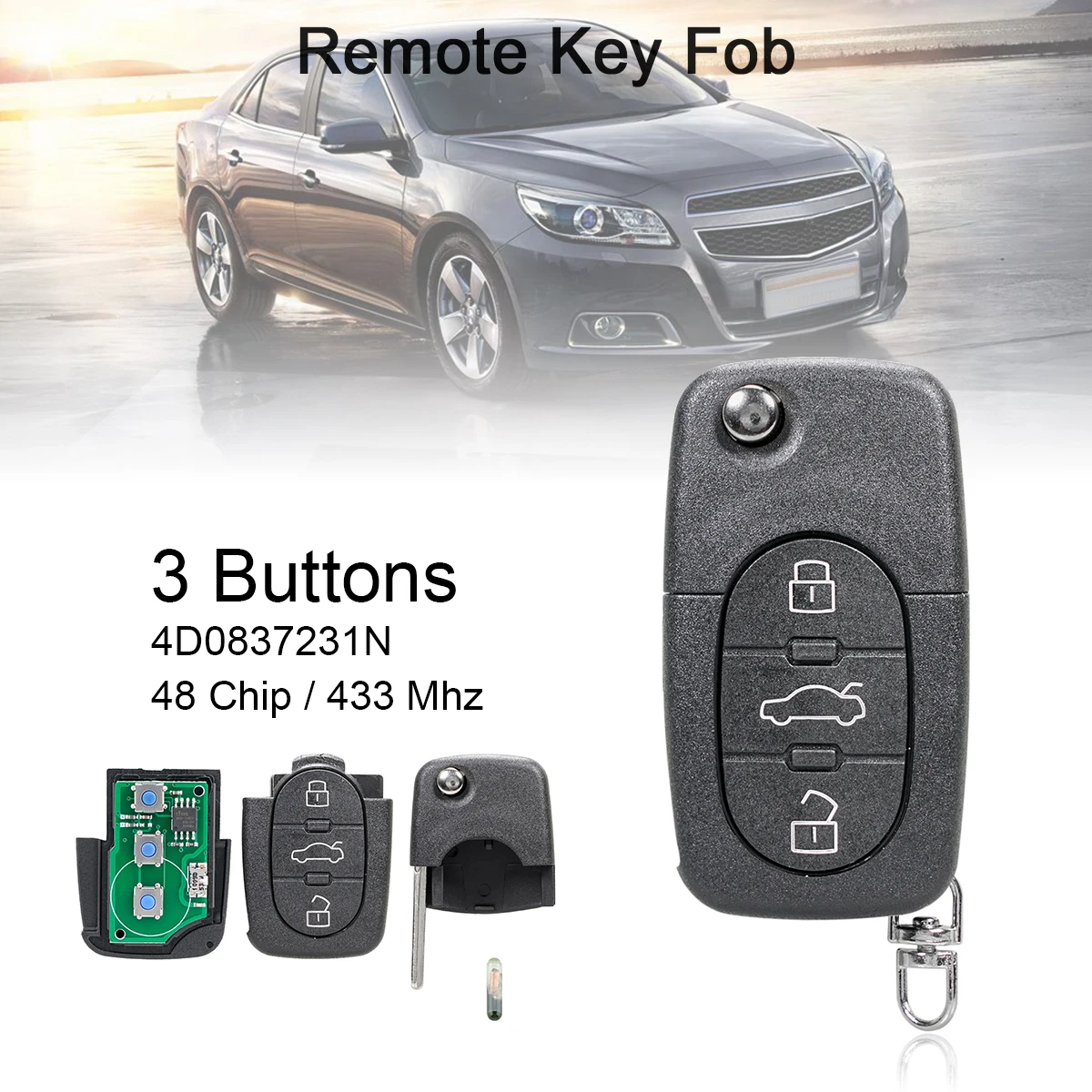 433MHh 3 Buttons Car Remote Key with ID48 Chip  4D0837231N for Audi- A2 A3 A4 A6 A8 TT 2002-2004 Keyless Entry Systems 433mhz 2 buttons flip car remote key keyless entry with id63 80bit chip 41781 fit for mazda 3 bt 50