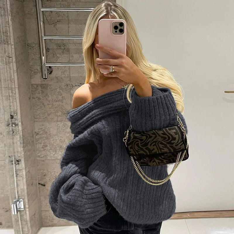 

Streetwear Sexy Strapless Pullover Vintage Fashion Off Shoulder Long Sleeve Knitted Tops 2024 New Spring Fashion Simple Sweater