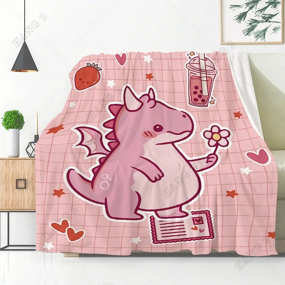

Cute Dragon with Boba Ultral Soft Lightweight Cozy Throw Blanket, Strawberry Blanket Plush for Baby Girls Boys Gifts