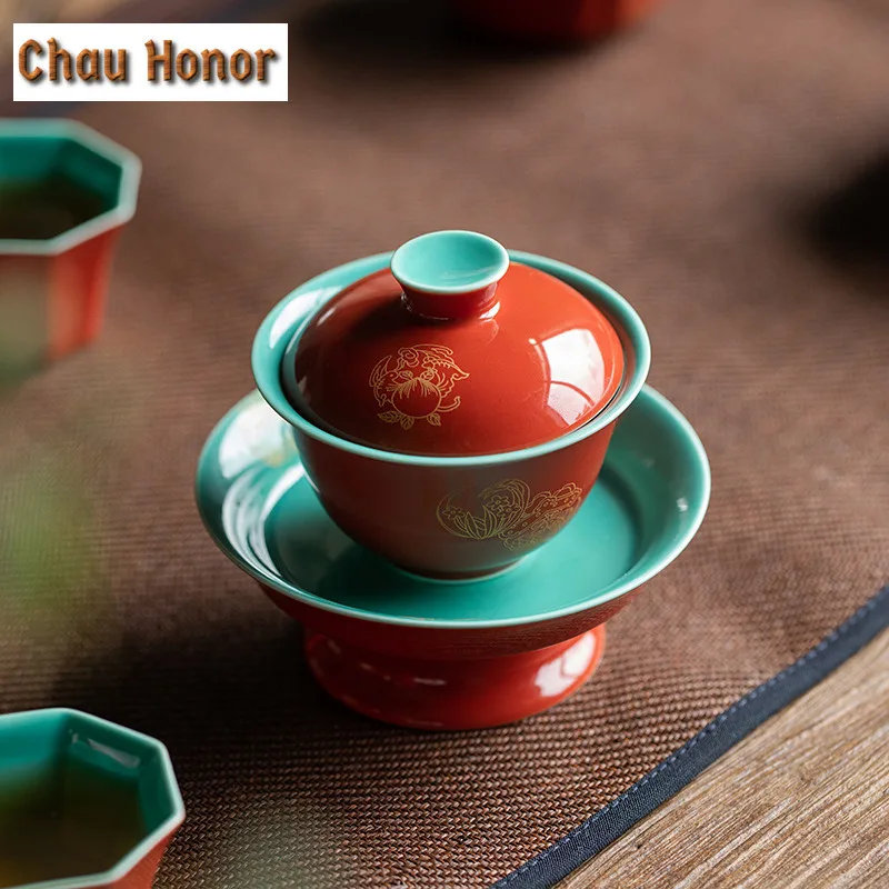 Boutique Palace Red Glaze Art Ceramic Tea Trays Household Chinese Style Zisha Teapot Bowl Holder Snack Fruit Plate Tea Ceremony