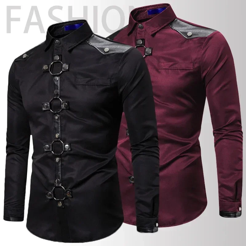 High Quality New Men Goth Style Rivet Solid Color Cargo Shirt Slim Fit Party Stage for Men Clothing