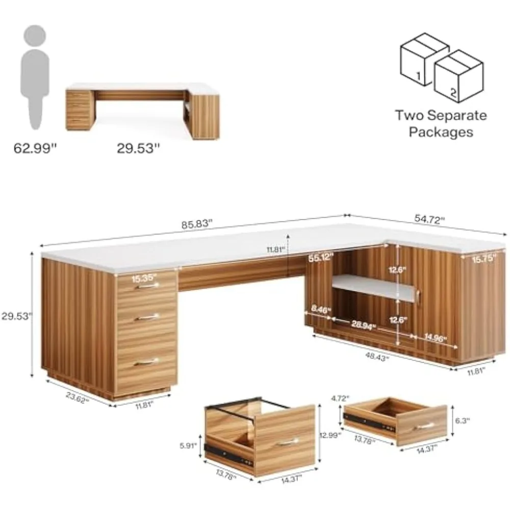 85.8" L-Shaped Executive Desk, Extra Large Office Desk with File Drawers, Modern Business Furniture, Office Desks 2