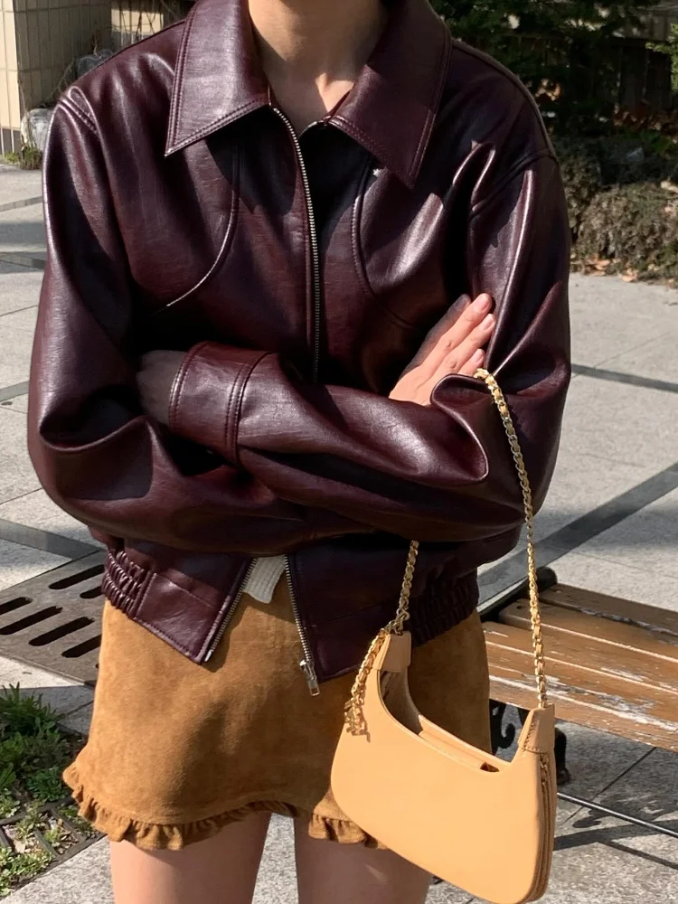 Women Fashion Solid Pu Leather Zipper Coat Retro Turn Down Collar Long Sleeve Outwear 2024 Autumn Female Chic Motorcycle Jackets 4