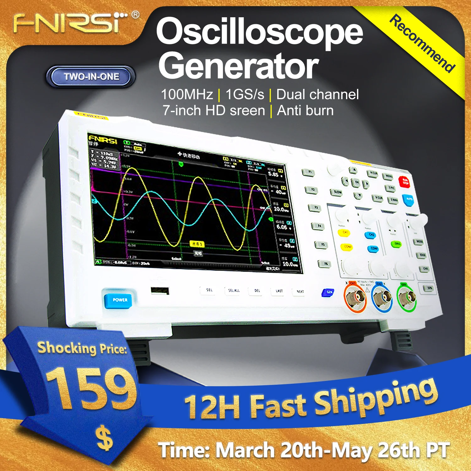 FNIRSI 1014D 디지털 오실로스코프 2 In 1 듀얼 채널 입력 신호 발생기 100MHz * 2 아날로그 대역폭 1GSa ...