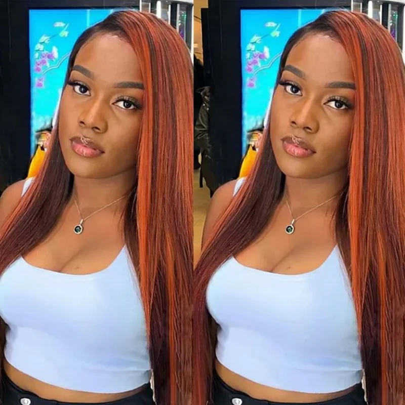 4/350 Brown Ginger Orange Color 13x6 Straight For Women Transparent Lace Front Human Hair Wigs Pre Plucked 200%Density Brazilian