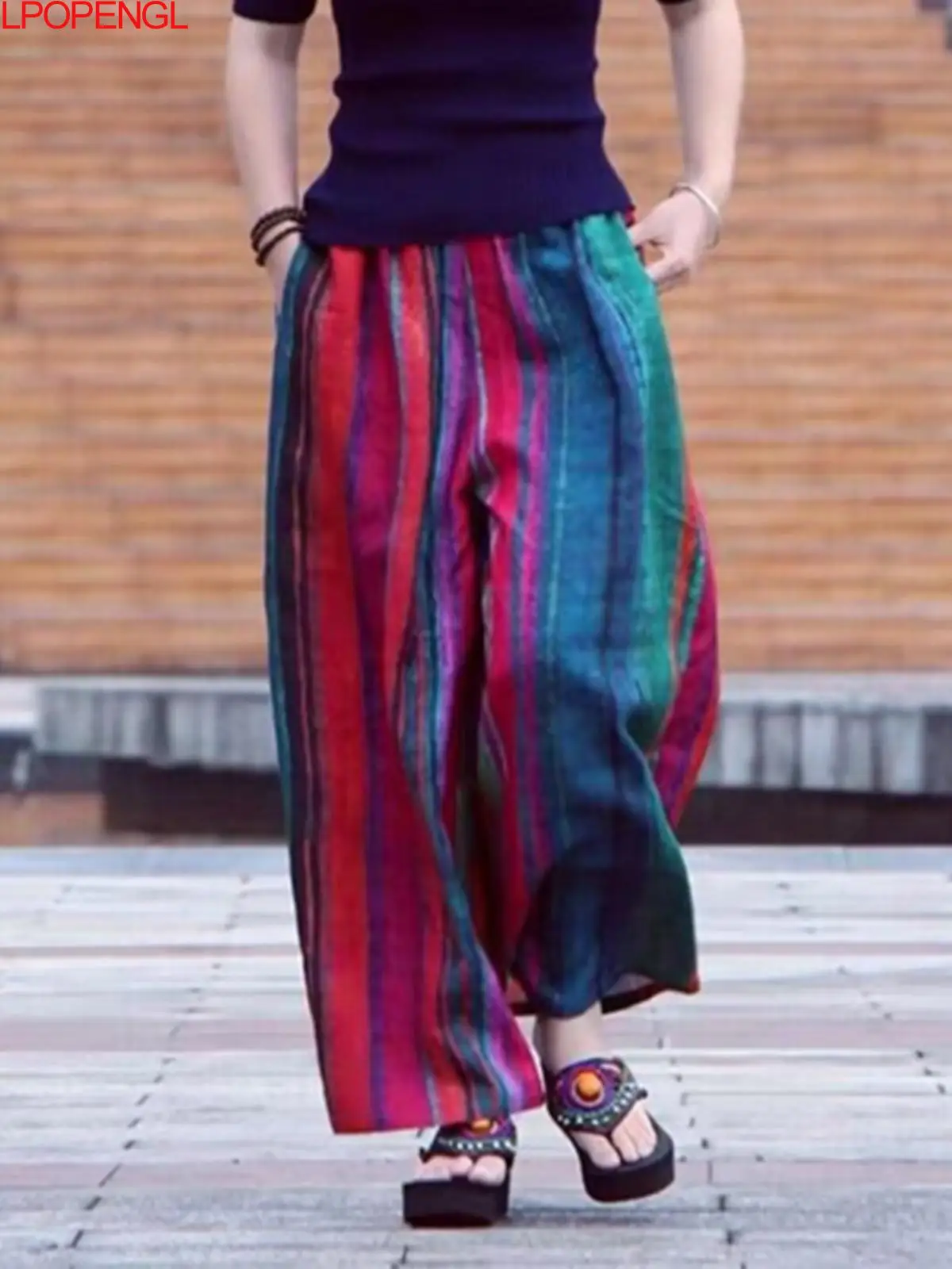 

Women's 2024 New Summer Retro Literary Loose Wide-leg Pants Casual Contrast Striped Ethnic Style Elastic Waist Straight Trousers