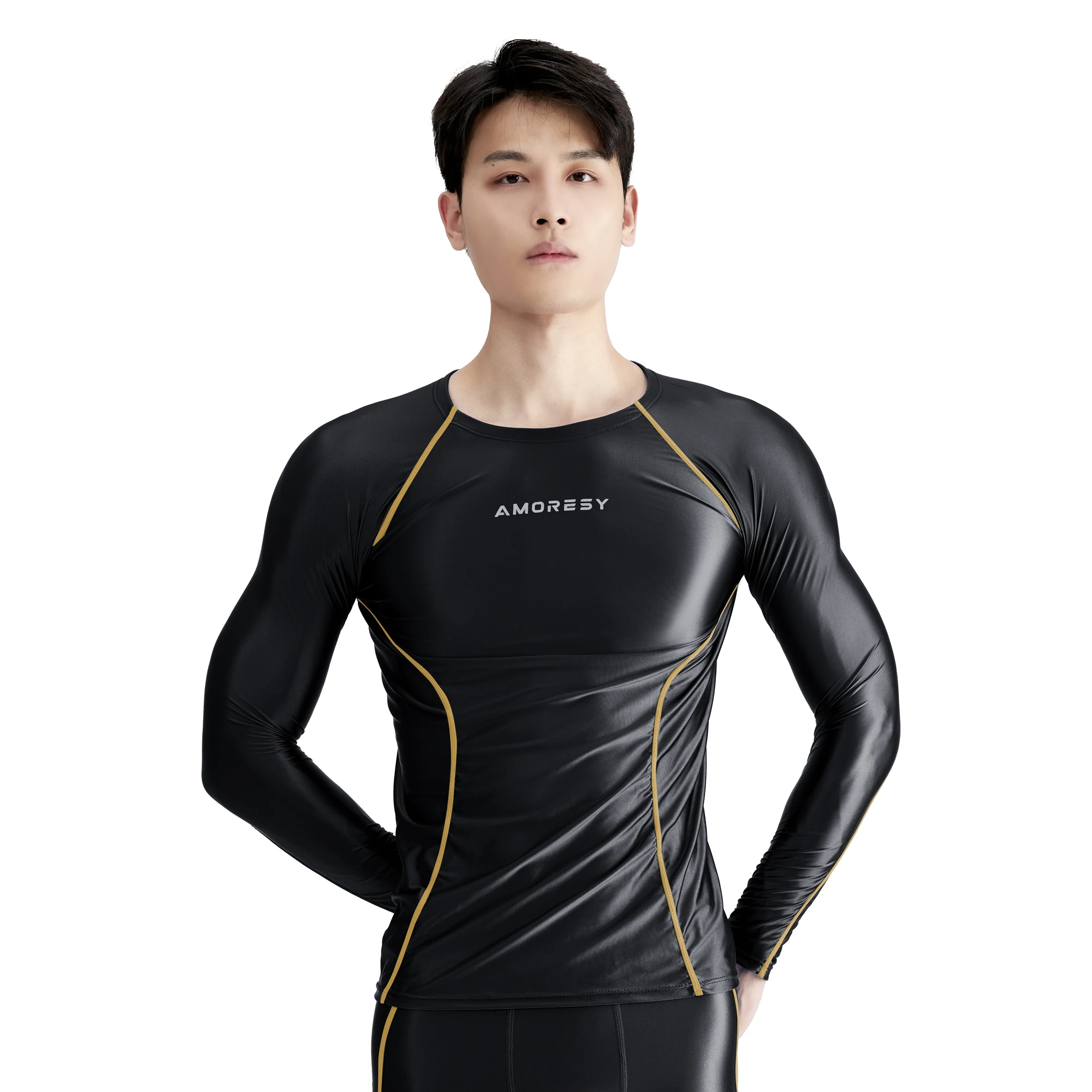 Round neck tight long sleeve T-shirt for men gloss compression sports Fitness spandex