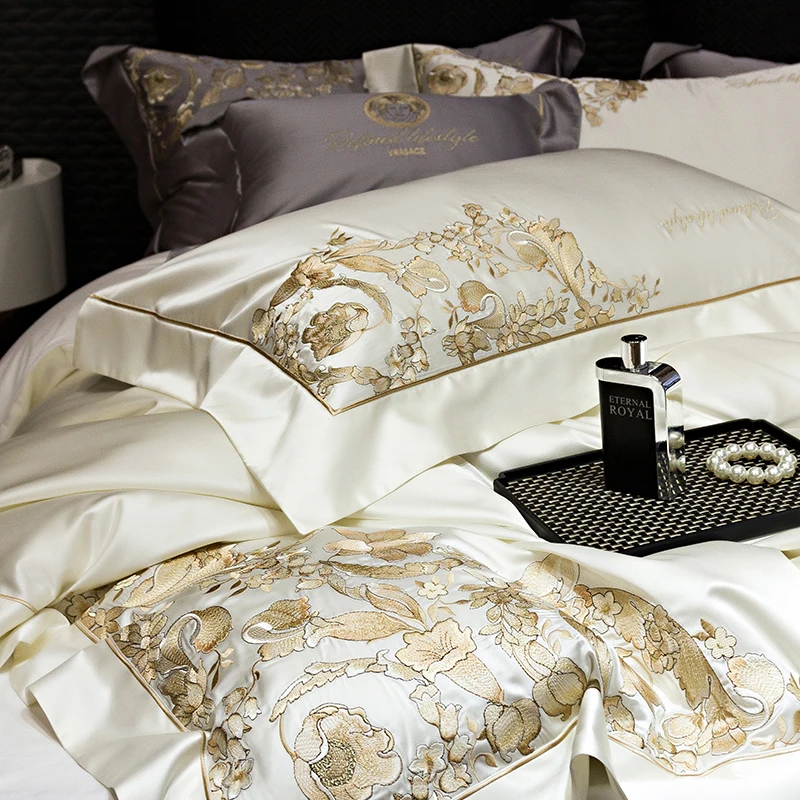 Gorgeous Gold Embroidery Brocade Egyptian Cotton Soft Glossy Bedding Set Duvet Cover Set Bed Sheet/Fitted Sheet Pillowcases 4Pcs 3
