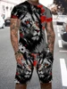 New Men's Summer Casual Everyday Short Sleeve and Shorts Set Cool The Lion King Print T-Shirt and Drawstring Short Set Men's Set 3