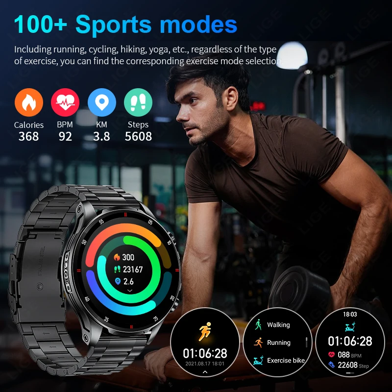 LIGE New Men Smart Watch LED Flashlight 1.53" HD Screen AI Voice Bluetooth Call Sports Watches Health Monitor Smartwatch Women