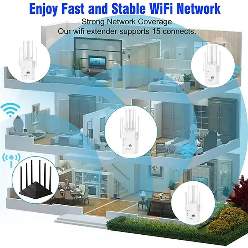 2.4G/5G WiFi Booster 1200Mbps Wireless WiFi Repeater WIFI Extender Network Amplifier 360° Full Coverage Signal for Office Home 4