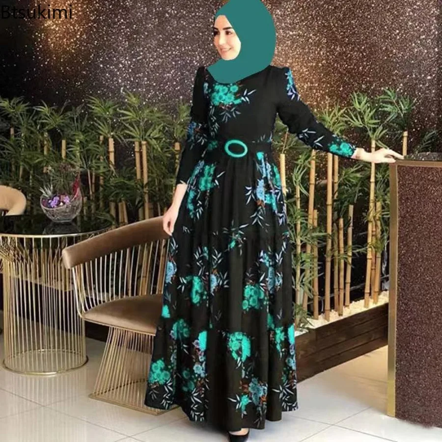 Muslim Vintage Print Dress for Women Elegant Abaya Ethnic Style Temperament Maxi Dress Turkish Kaftan Robe Belt Vestidos Femme