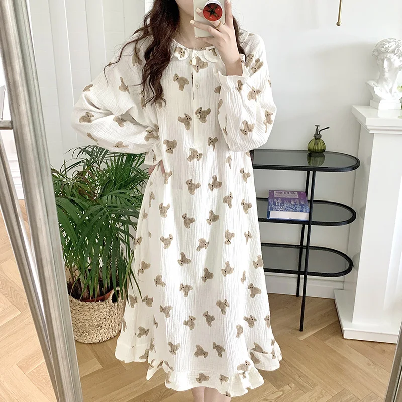 Bear Cartoon Print Summer Nightgown Korean Soft Cotton Long Sleepwear Short Sleeve Ruffles Nightdress Buttons Kawaii Homewear women nightgowns women nightdresses sleeping dress