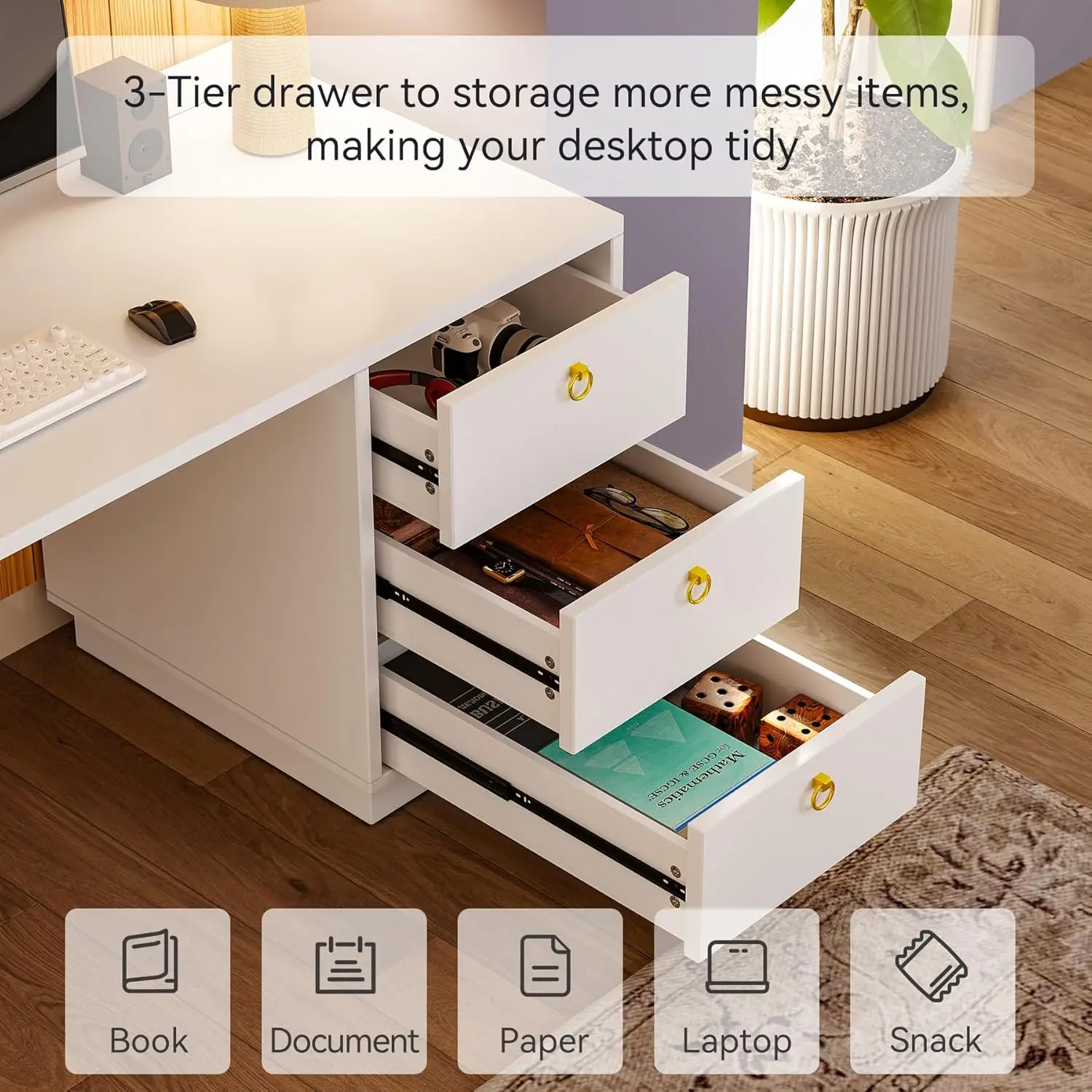 Computer Desk with Wood Drawers, Home Office Desk with Storage Office Desk Study Writing Desk Work Station for Office Bedroom 5