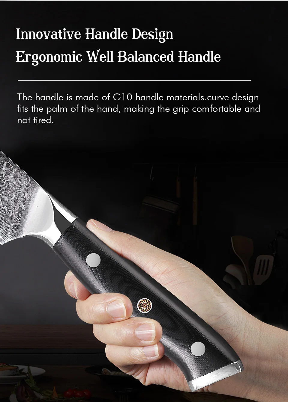 Damascus Steel Kitchen Knife – 5 Inch Utility Knife with Black G10 Handle, Rust Resistant Blade
