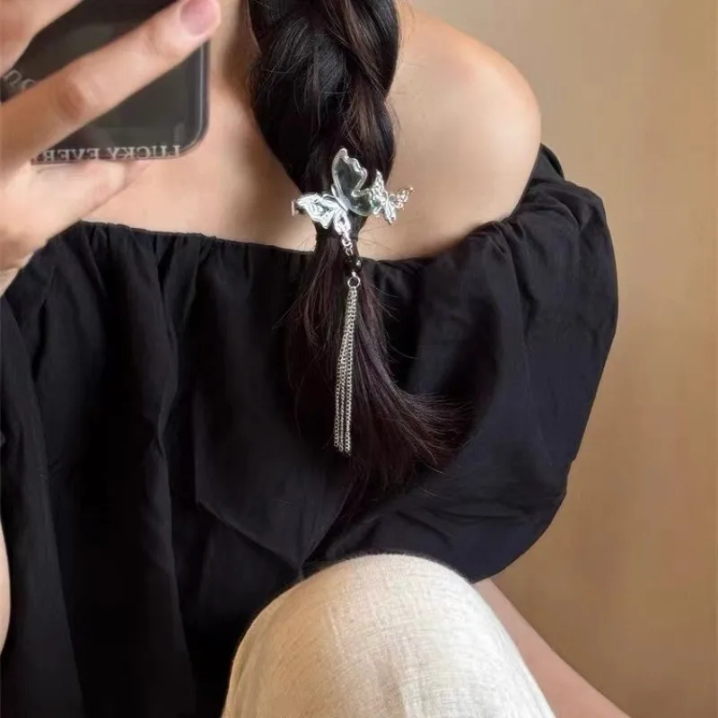 모던 고대 스타일 잉크 앤 워시 나비 바레트, 진주 술 머리핀, 여성 기질 헤어 액세서리, 소녀 쥬얼리