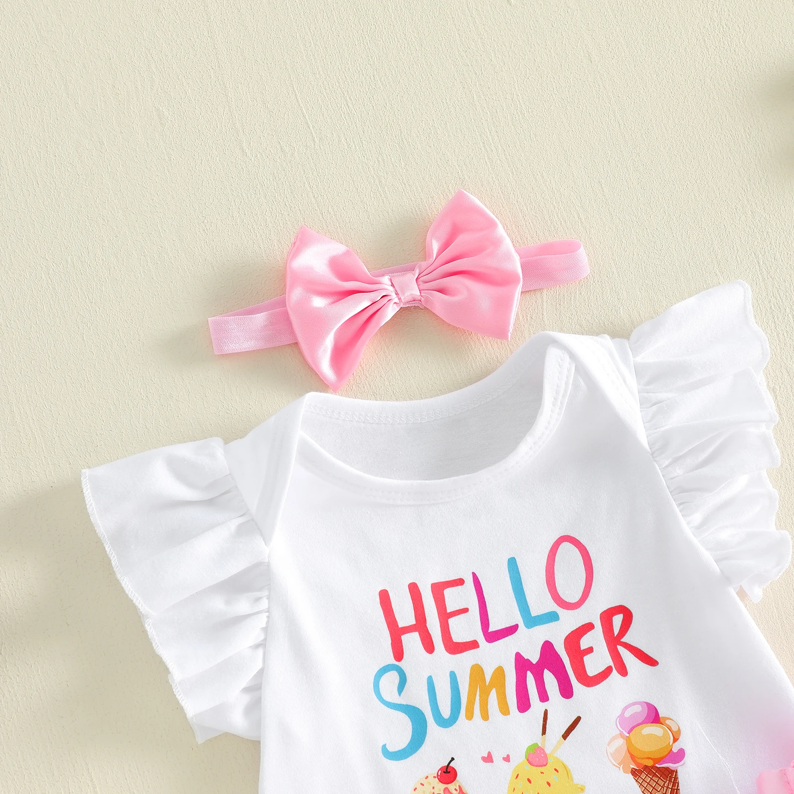 3Pcs  소녀 의상 크루 넥 플라잉 슬리브 여름 테마 아이스크림 프린트 롬퍼 튤 스커트 머리띠 세트