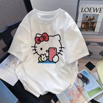 Disney Cute Cartoon Kitty Cat Cotton Short-sleeved T-shirt Men's and Women's Summer Printing Versatile Casual Loose Top Clothing 1