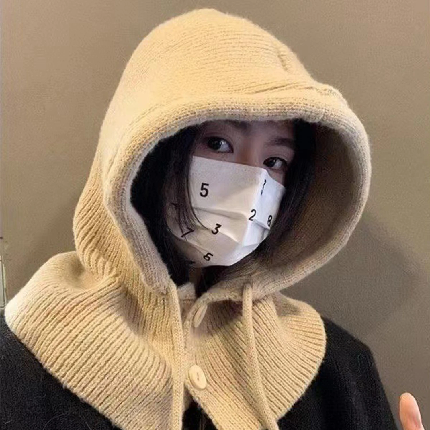 

Winter Balaclava Hats For Men&Women Unisex Knitted Hooded Caps Outdoor Warmer Drawstring Hats One-Piece Neck Collar Beanies Cap