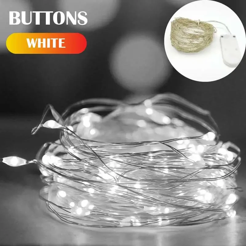 thumbnail image 1 of Guirnalda de luces LED con botón de batería, alambre de cobre y plata, resistente al agua, decoración de fiestas para Navidad y bodas, 1 of 5