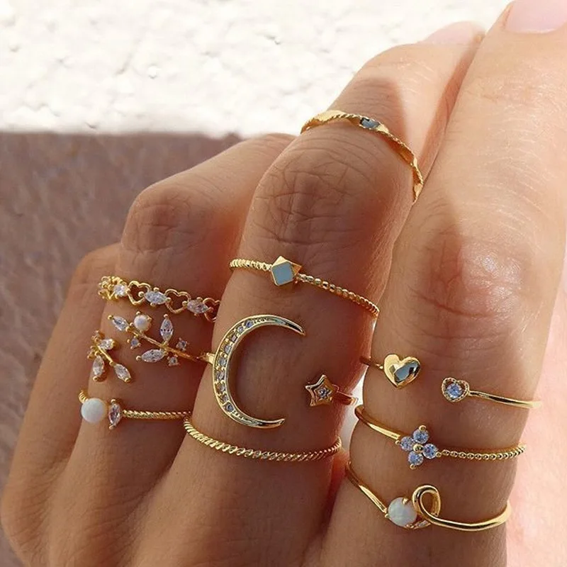 10pcs/set Combination Moon Star Leaves Love Rhinestone Joint Set Rings for Men Stainless Steel Rose Gold Adjustable Ring |