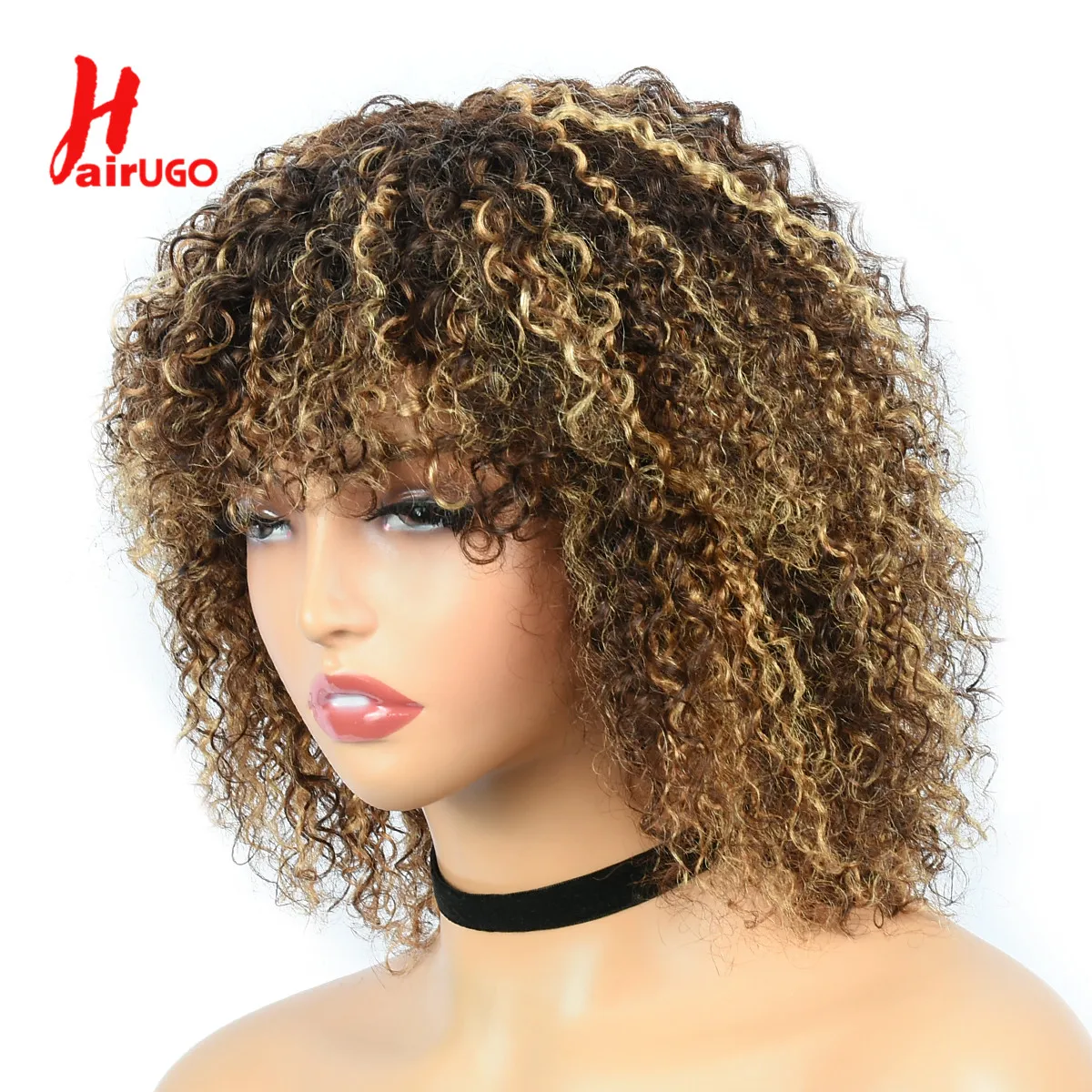 Parrucche di capelli umani ricci per donne, parrucche di capelli umani naturali ricci Jerry con frangia, taglio pixie riccio, parrucca interamente realizzata a macchina.