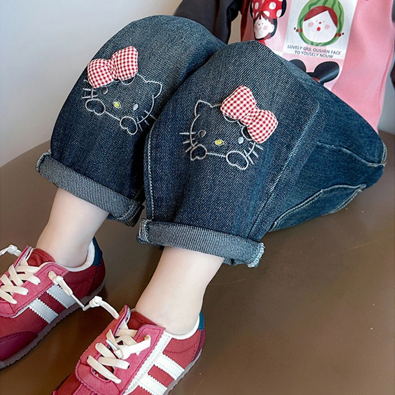 سراويل جينز للفتيات للربيع والخريف، سراويل كاجوال فضفاضة مستقيمة على شكل كارتون هيلو كيتي للأطفال من عمر 2 إلى 8 سنوات، ملابس أطفال