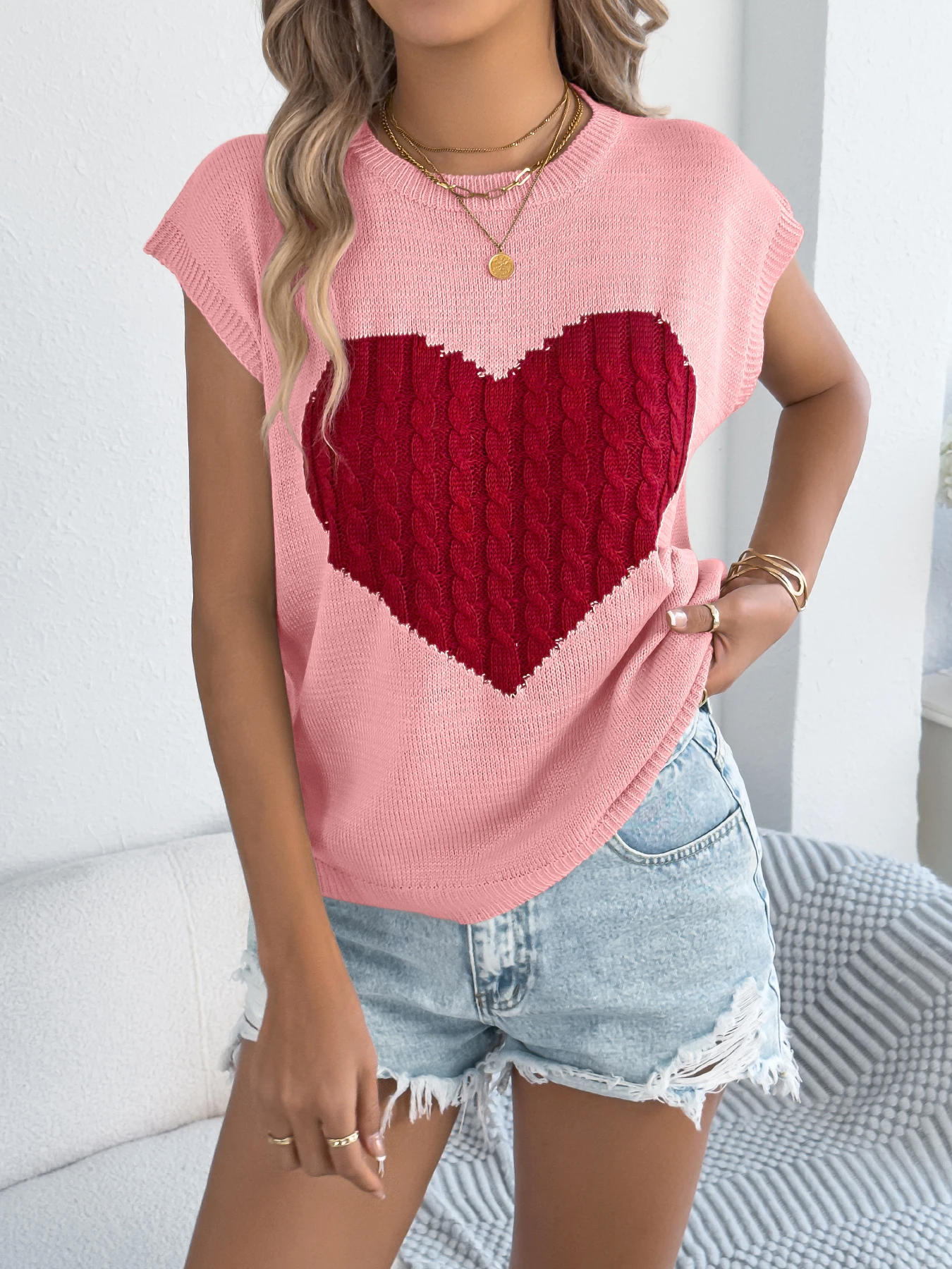 Womens Casual Heart Print Knitted Sweater