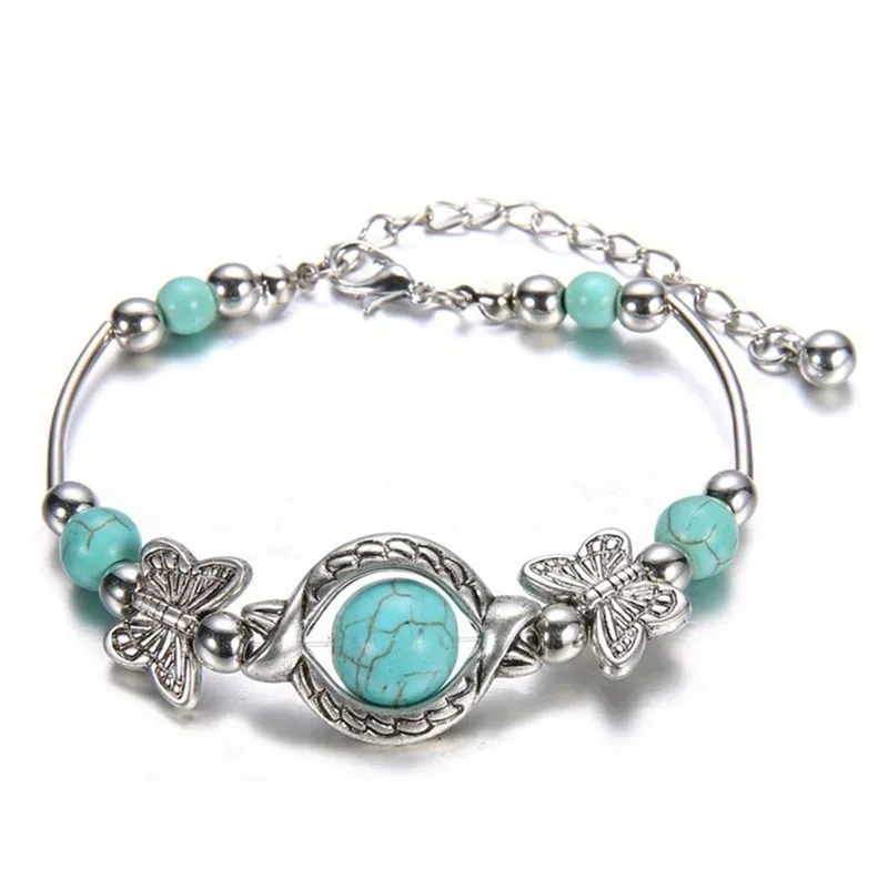 Beaded Bracelet Delysia King Trendy Women Butterfly Bracelet Carved Pattern Personality Turquoise Hand Chain