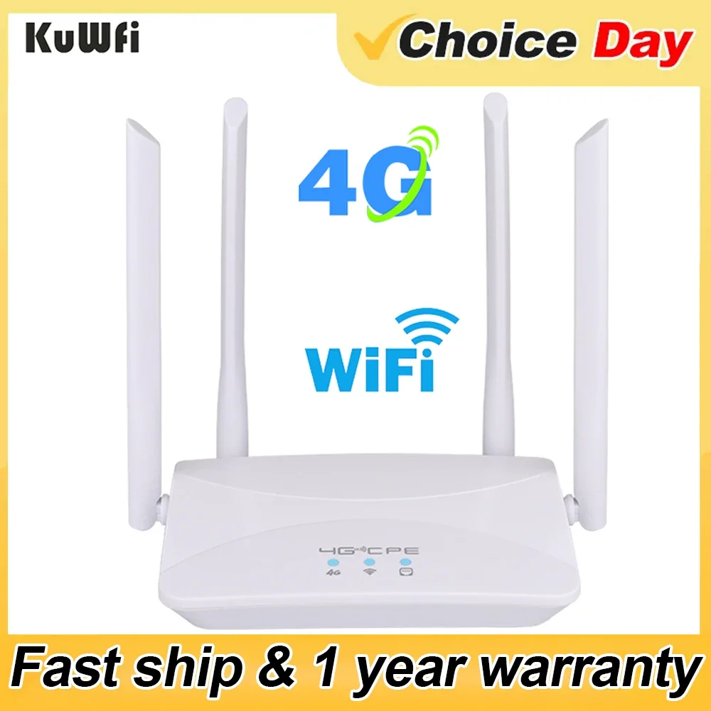 KuWFi 150Mbps 4G LTE WIFI Router with Sim Card Slot Home Hotspot 4 External Antenna Smoother Wired Connection Intelligent