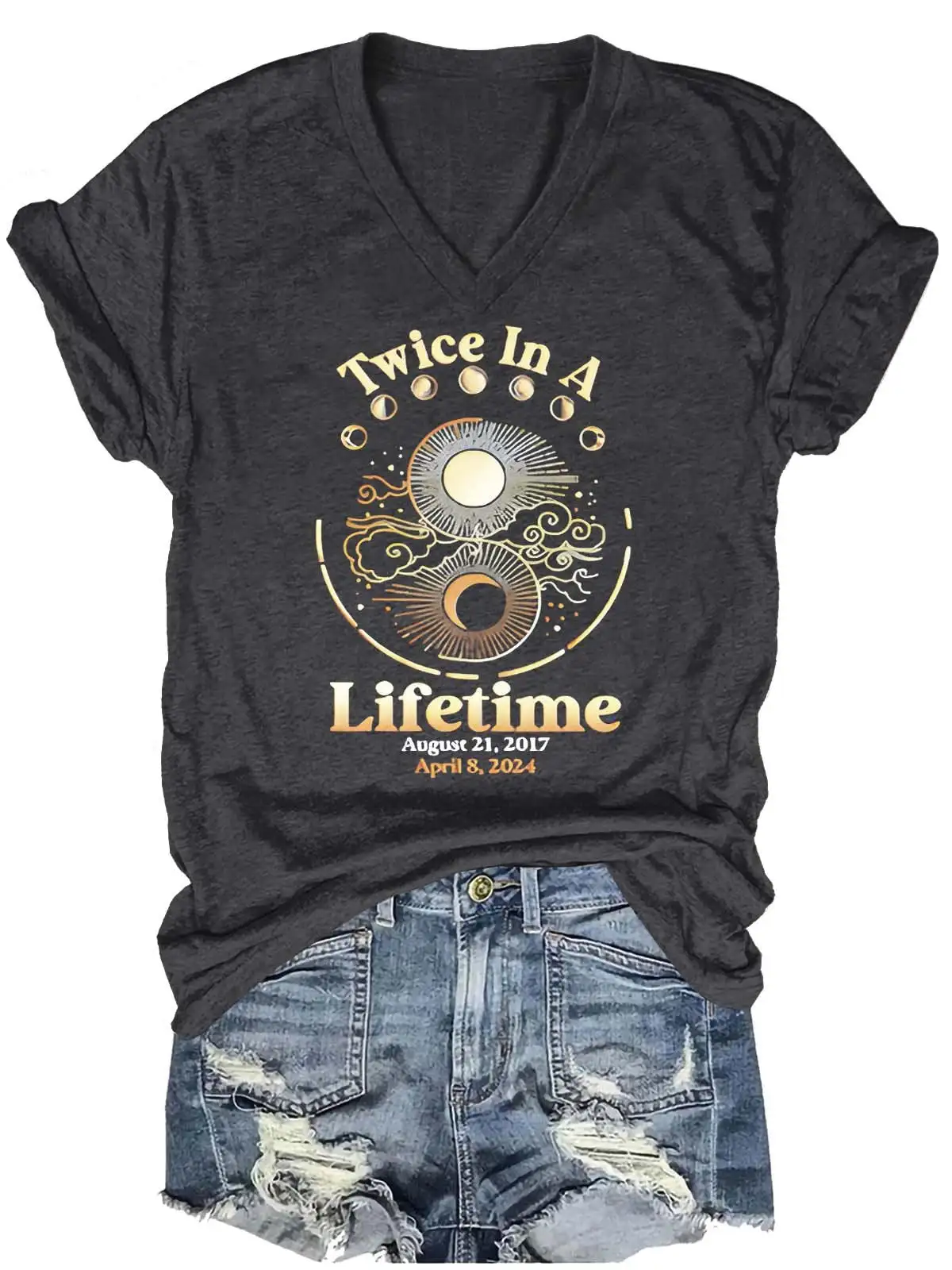 

Total Solar Eclipse Twice In A Lifetime Path Of Totality Eclipse Souvenir Gift Printed V-Neck Short Sleeve T-Shirt