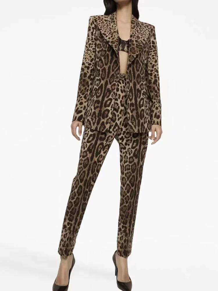 

Vintage leopard print loose suit jacket two-piece women's new autumn style + elastic high waist stretch tight pants fashion suit