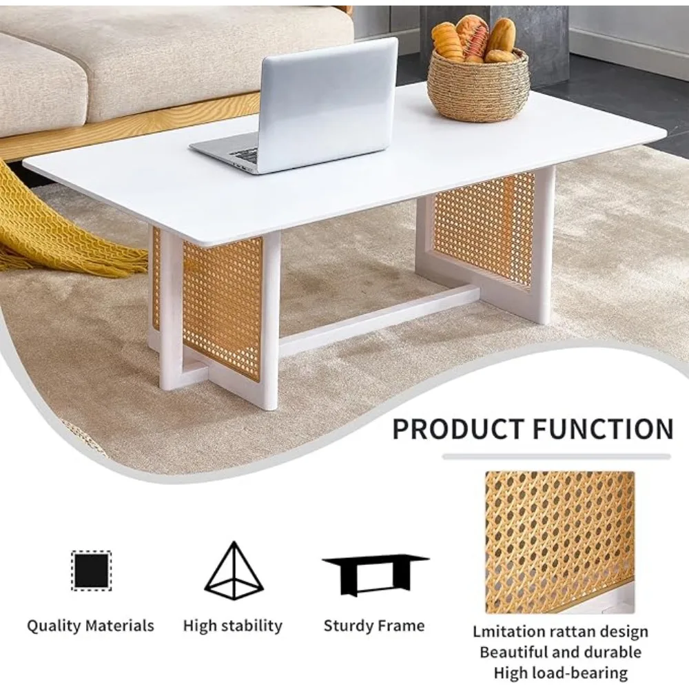 Modern Boho Imitation Rattan Coffee Table for Living Room Minimalist Style Rectangular Solid Wood Coffee Tea Table 6