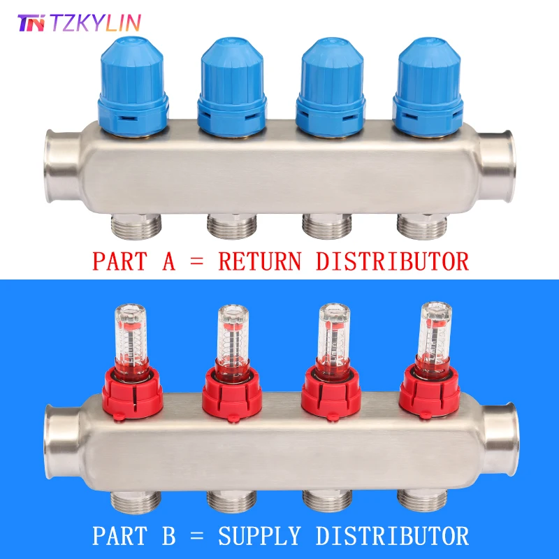 สแตนเลส AISI304 Underfloor Heating Supply Manifold, Supply & Return พร้อม Flow Meter, Thermostatic สกรู G1 "50 มม. 1