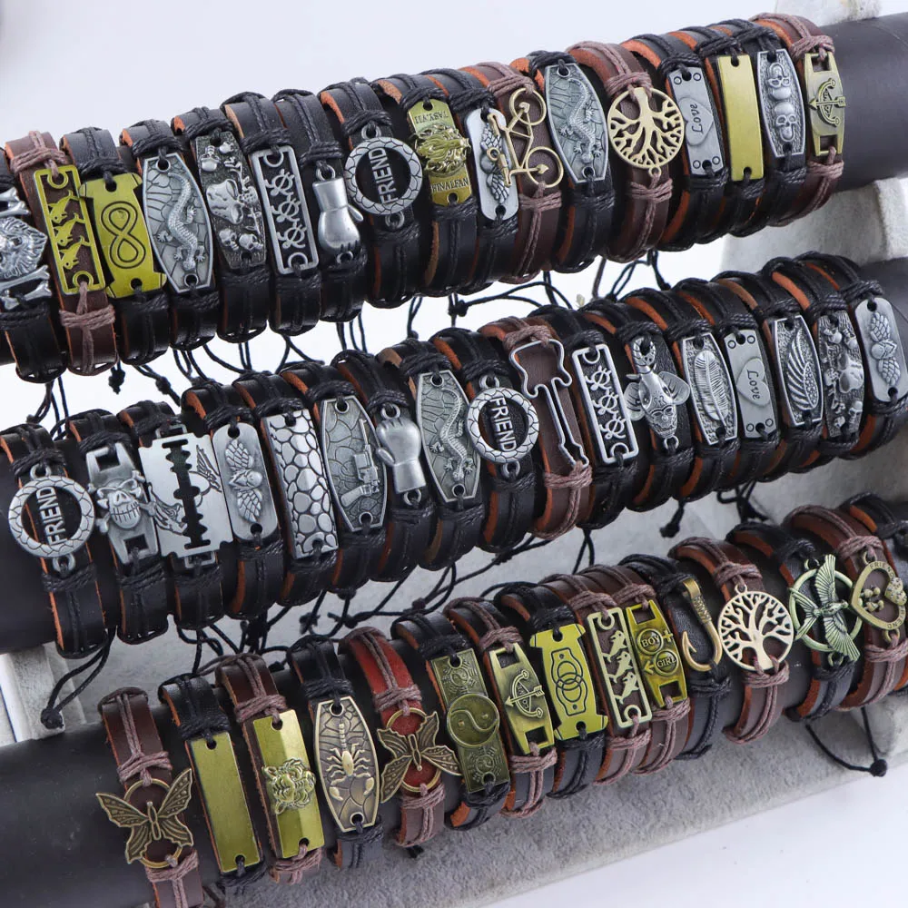 Leather Bracelets 10Pcs/Lot Vintage Metal Charm Star Shaped Women's and Men's Jewelry