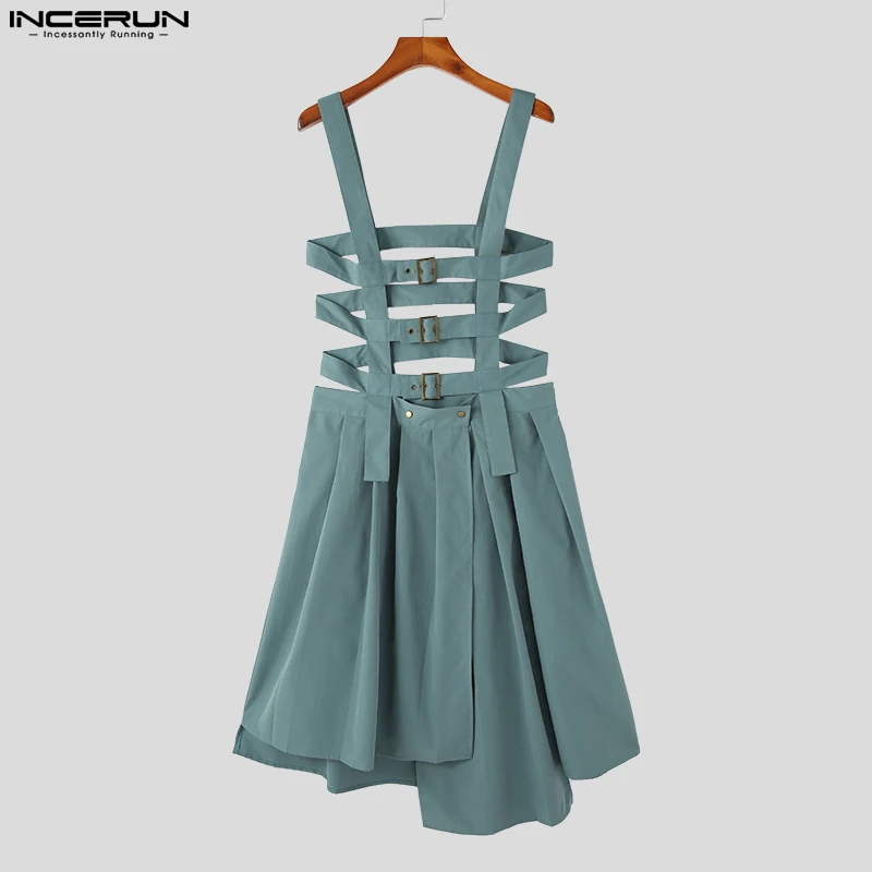 Men Pleated Design Bodysuit Skirts Pants Irregular Hem Solid Straps Half Skirt Jumpsuits Casual Fashion Style S-5XL