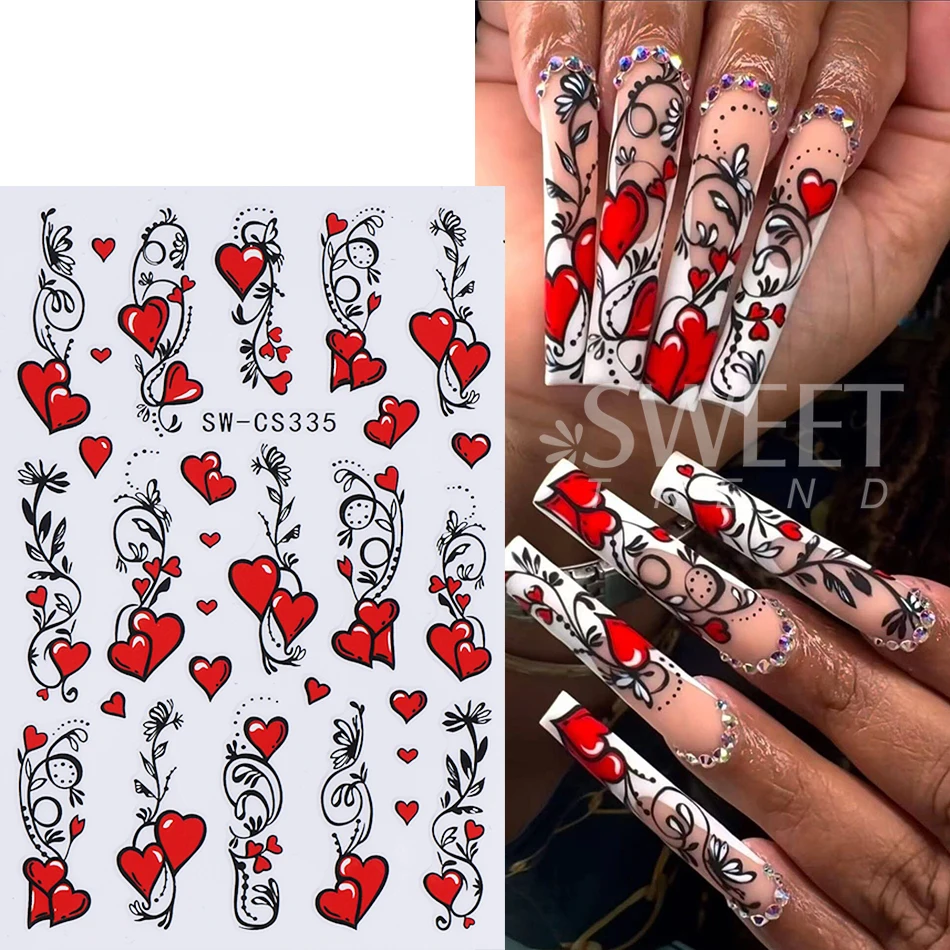 3pcs Bohemian Heart Nail Art Stickers Valentine's Red Love Heart Petals Simple Line Nail Decals DIY Manicure Decoration Sliders