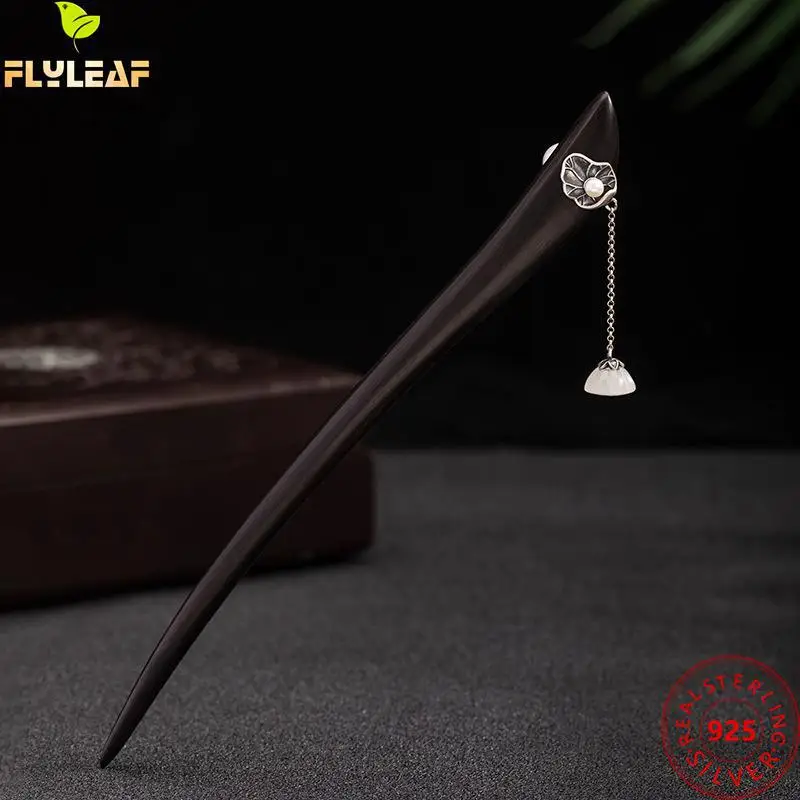 

Real 925 Sterling Silver Jewelry Lotus Leaf Jade Lotus Pod Tassel Ebony Hair Sticks For Women Vintage Style Hanfu Accessories