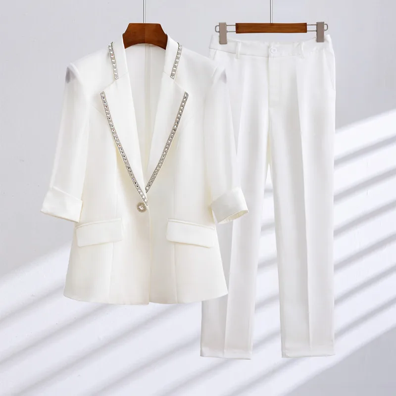 Chic Women Formal Pant Sets White Green Gray Summer Half Sleeve Blazer Trousers Suit Office Lady Business Work Wear 2 Piece Set