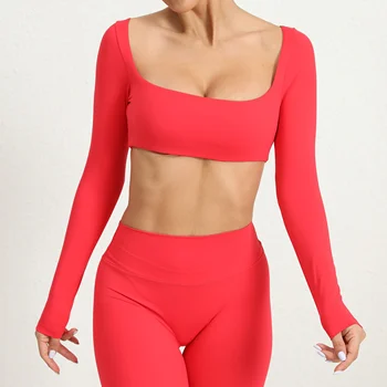 Top corto da donna T-shirt da yoga Top sportivo solido Camicie da corsa a maniche lunghe Abbigliamento da palestra sportivo per palestra fitness ad asciugatura rapida