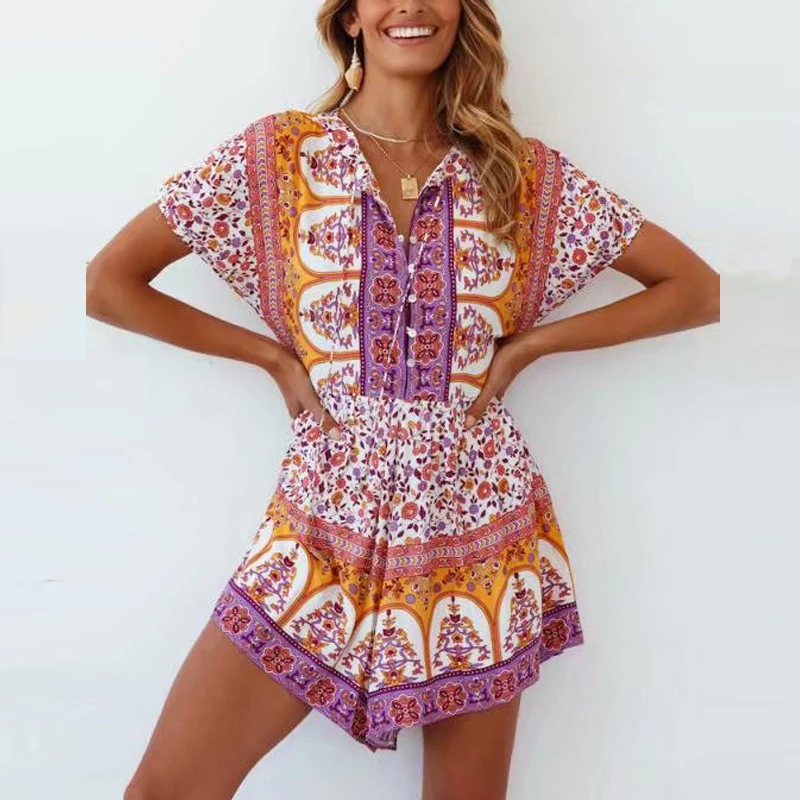 

TEELYNN Chic Boho Beach Short Sleeve Summer Playsuits for Women 2022 Vintage Floral Print Rayon Rompers Bohemian Loose Jumpsuits