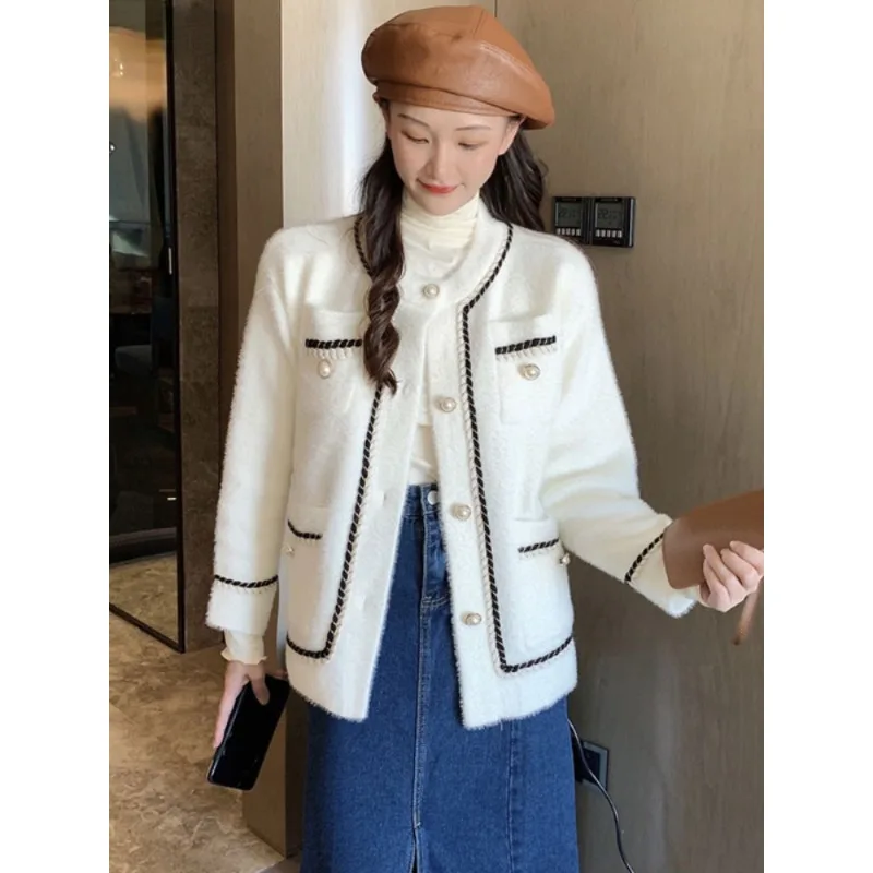 

Осенний элегантный кардиган с круглым вырезом, свитер, женский корейский однобортный трикотажный женский свободный жакет, топы N136