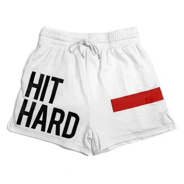 Summer Quick-drying Sports Shorts Men's Mesh Stretch Fitness Running Training Beach Pants HIT HARD Print GYM Basketball Short 4