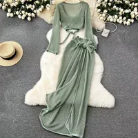 knitting Long Sleeve Bonds Top One piece Skirt Women Beach Vacation Bikini Cover Up Sun Bathing See-Through Sunscreen Smock - Image 3