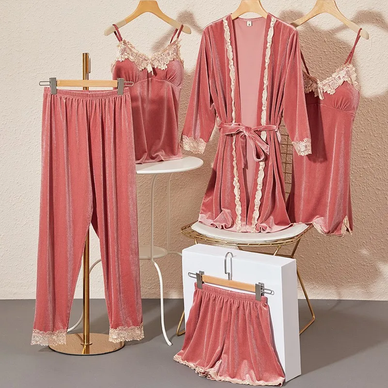 2024 New Top Golden Velvet Pajamas for Women in Autumn and Winter Version of  Pajamas Five Piece Set with Chest Pads Pajama Sets