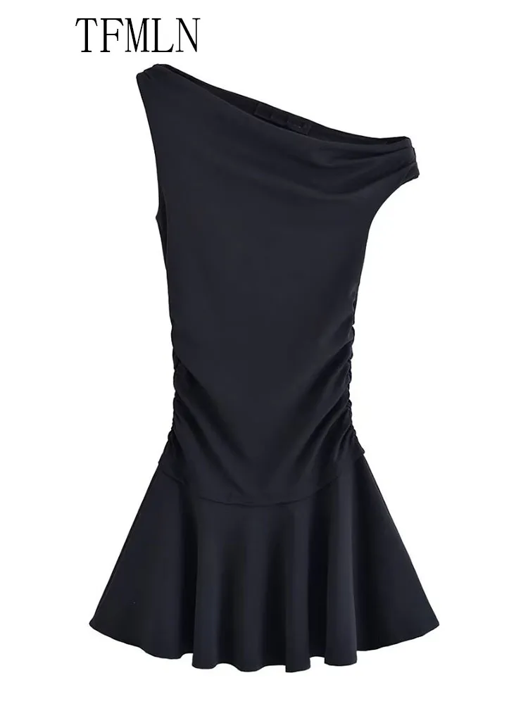 TFMLN 2025 Women Solid Asymmetrical Mini Dress Summer Sleeveless Diagonal Collar Causal Slim Dress Fashion High Street Dress