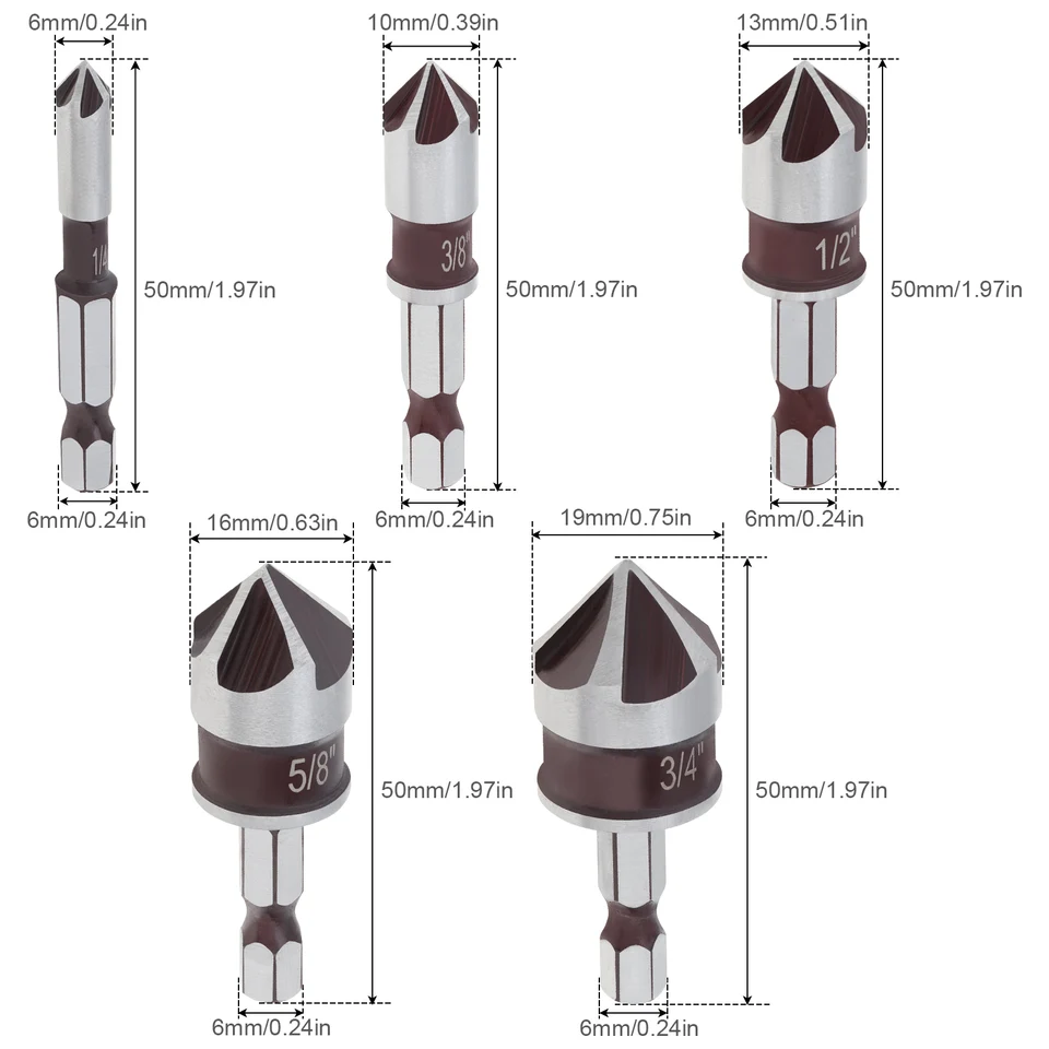 카운터싱크 드릴 비트 세트, 82 도 카운터싱크 비트, 1/4 인치 육각 생크 카운터 싱크 드릴 비트 세트, 목공 도구, 5 개