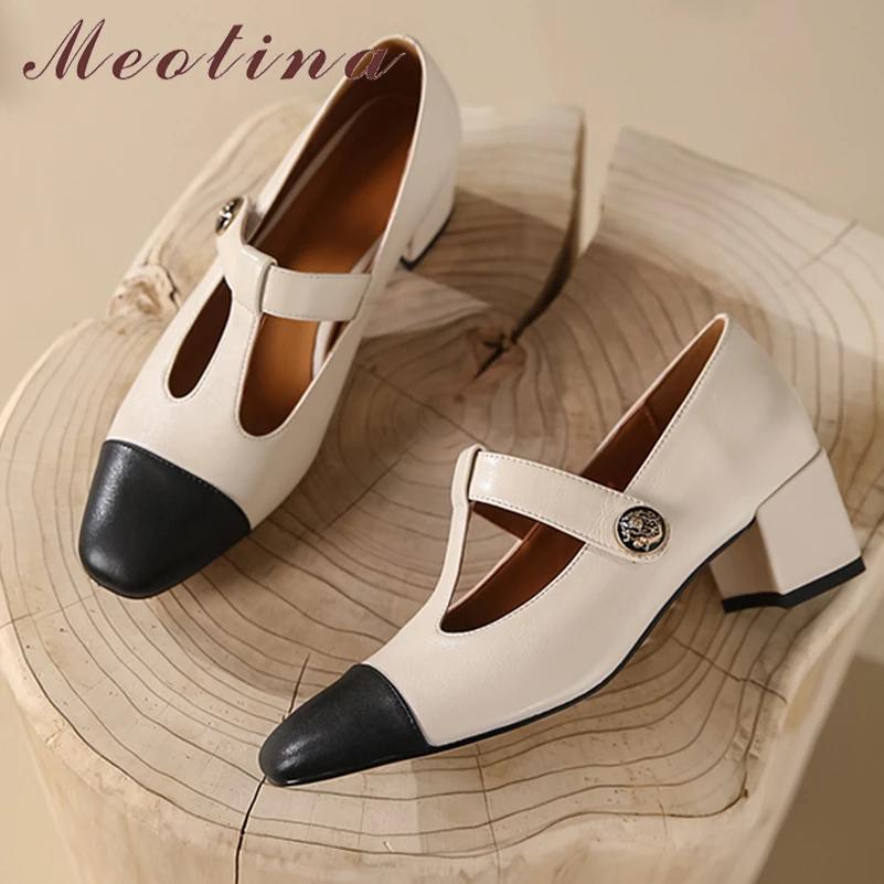 

Meotina Women Genuine Leather Mary Janes Pumps Round Toe Thick Mid Heels Mixed Colors T-tied Ladies Fashion Shoes Spring Autumn