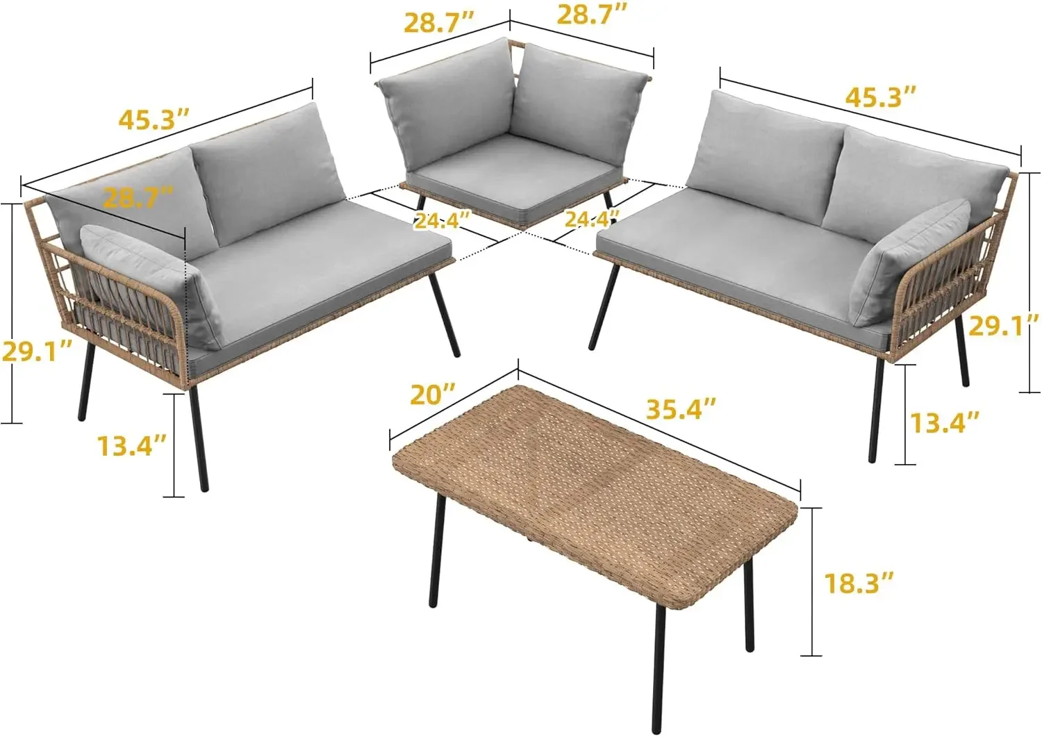 NEW-4-Piece Outdoor Sectional Sofa Set, All-Weather Wicker L-Shaped 5-Seater Patio Furniture with Removable Cushions & Side Tabl